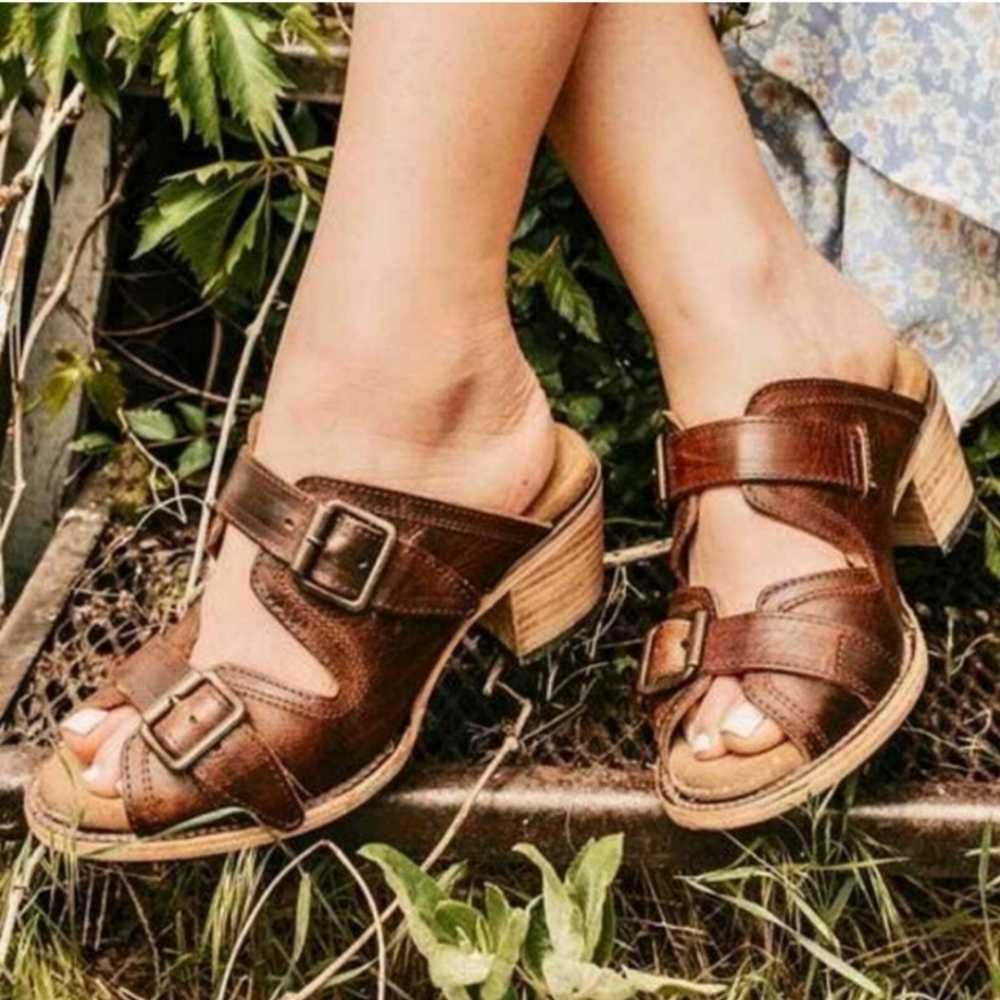 Freebird by Steven Caprice Slip-On Buckled Brown 100% Leather Heeled Sandal 8